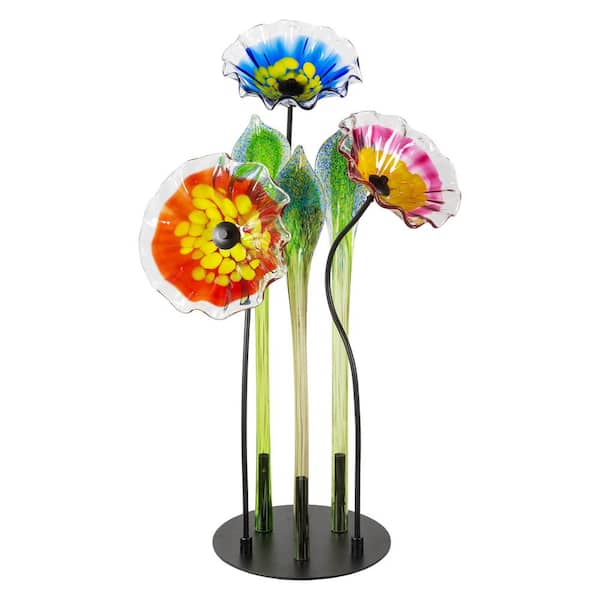 Dale Tiffany Fiore Blossom Multi Color Hand Blown 3Plate Flower Petal Art Glass Sculpture with Metal Stand