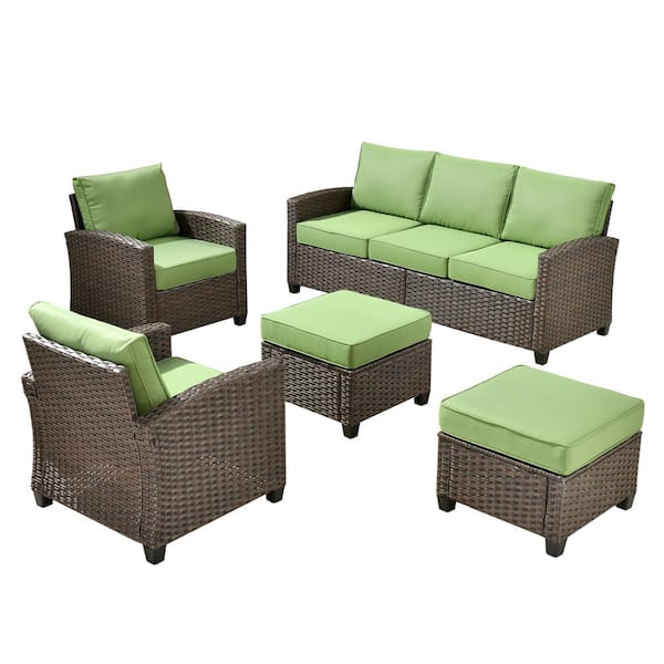 Marcia 5-Piece Wicker Modern Outdoor Patio Conversation Sofa Seating Set with Green Cushions