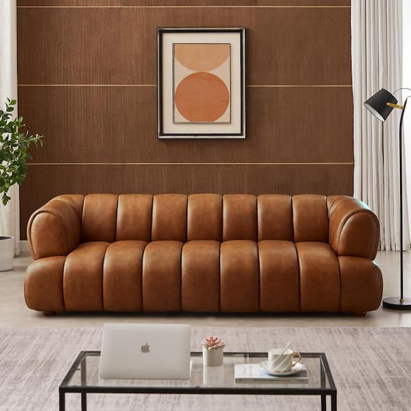 Ashcroft Furniture Co Randall 90 in. W Round Arm Leather Rectangle Modern Channel Tufted Sofa in Cognac Brown