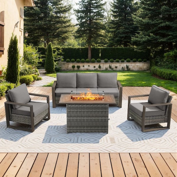 FanKan Gray 4-Piece Wicker Outdoor Glider Chair Patio Deep Seating with Rectangular Fire Table and Gray Cushions