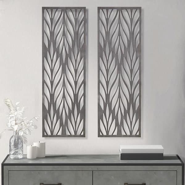 Unbranded 2-Piece Unframed Art Print Grey Laser Cut Wood Panel Wall Decor Set 36 in. x 12 in. for Living Room, Bedroom, Entryway