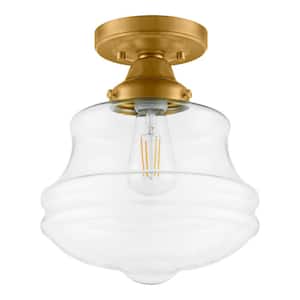 Schoolhouse 10 in. 1-Light Aged Brass Semi Flush Mount with Clear Glass
