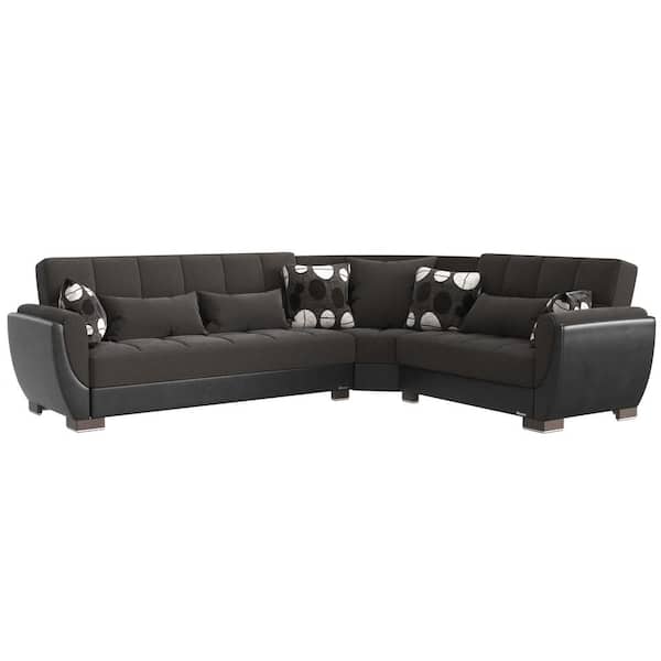 Ottomanson Basics Air Collection 3-Piece 108.7 in. Chenille Convertible Sofa Bed Sectional 6-Seater With Storage, Grey/Black
