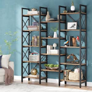 Obie 60.3 Black Metal Frame and Rustic Brown Particleboard 14-Shelf Open Back Standard Bookcase with Large Capacity