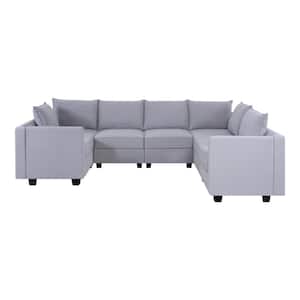 112.8 in Modern 7-Seater Upholstered Sectional Sofa - Gray Linen - Sofa Couch for Living Room/Office