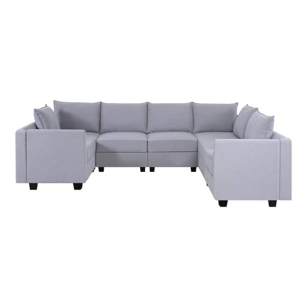 MAYKOOSH Contemporary 7 Seater Upholstered Sectional Sofa - Gray Linen