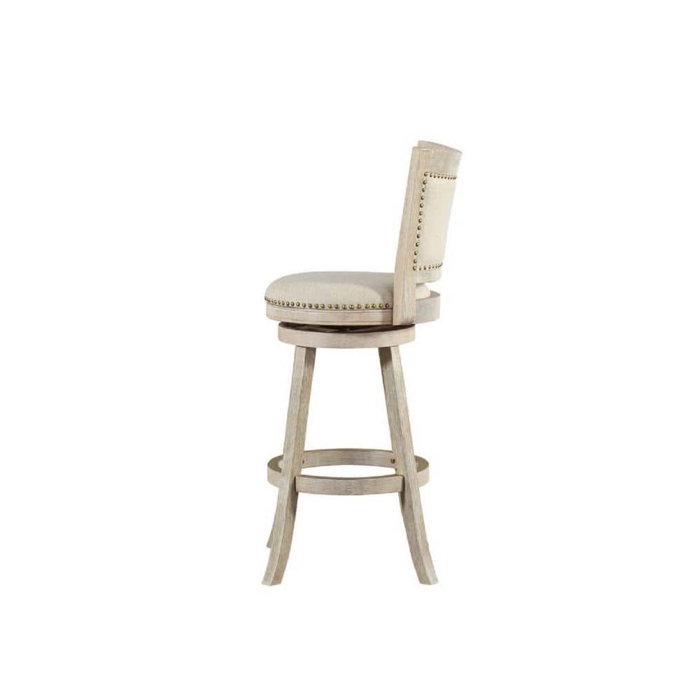 Ivory Wire-Brush Swivel Wood Bar Stool with Linen Upholstery