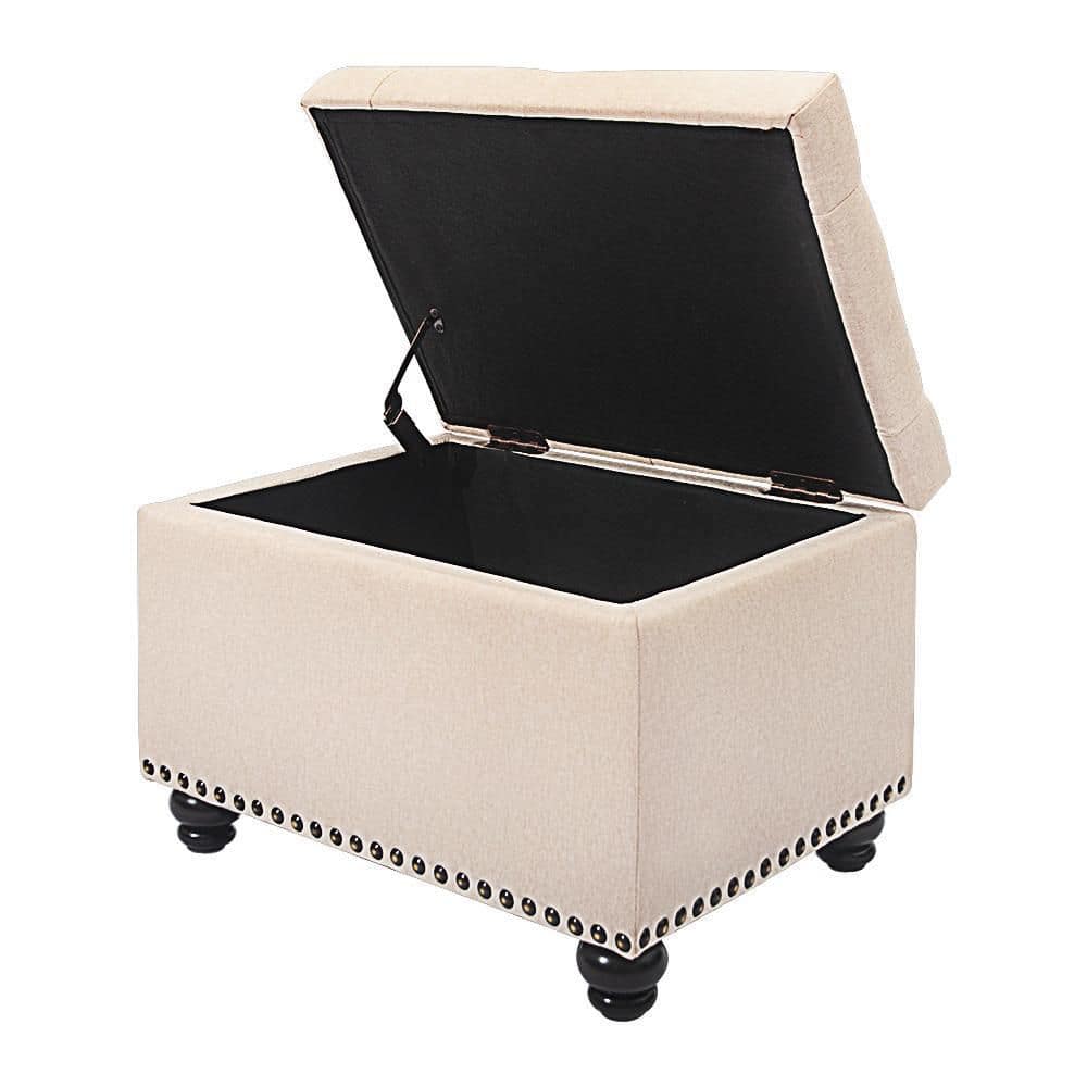 Beige Linen Tufted Storage Ottoman Bench with Wood Legs