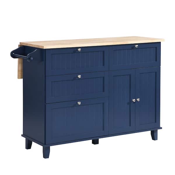 Ziyudura Blue Wood 50.3 in. Kitchen Island Cart with 2 Dining Stools, Drop Leaf, 4 Drawers, Adjustable Shelf, and Towel Rack
