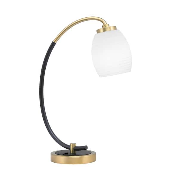 Unbranded Delgado 18.25 in. Matte Black and New Age Brass Accent Desk Lamp with White Linen Glass Shade