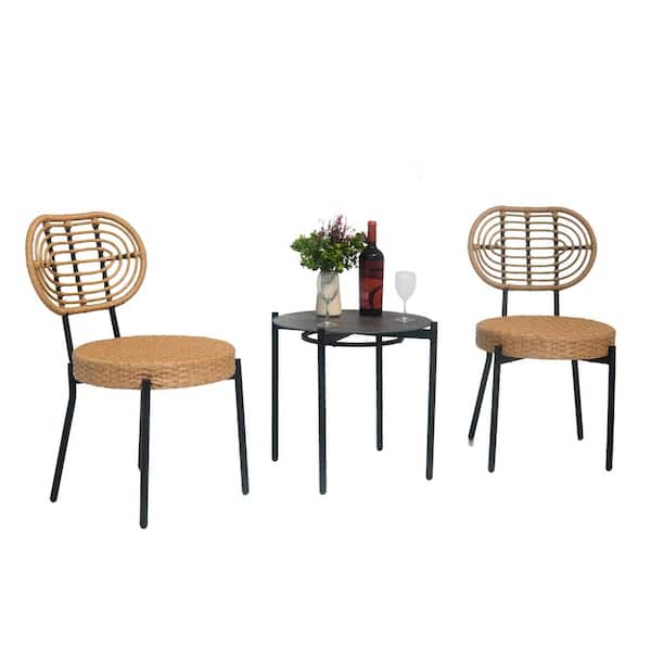 Zeus & Ruta Black and Nature 3-Piece Wicker Outdoor Bistro Set Patio Dining Set with Round Table for Backyard, Balcony and Poolside