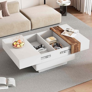 31.4 in. White Square Wood Coffee Table with Sliding Tabletop, Hidden Storage, Extendable Cocktail