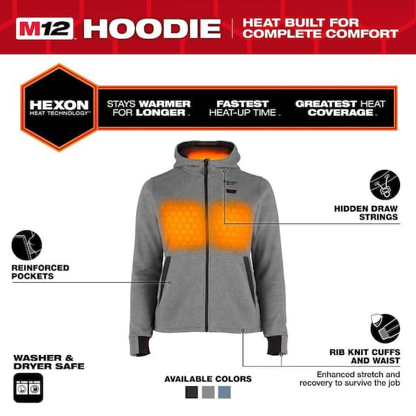 Women's 2X-Large M12 12-Volt Lithium Ion Cordless Gray Heated Hooded Jacket Kit With (1) 2.0 Ah Battery and Charger