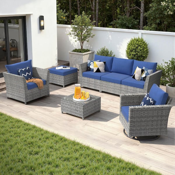 Auris Gray 7-Piece Wicker Outdoor Furniture Set Patio Conversation Set with Navy Blue Cushions and Rocking Swivel Chair
