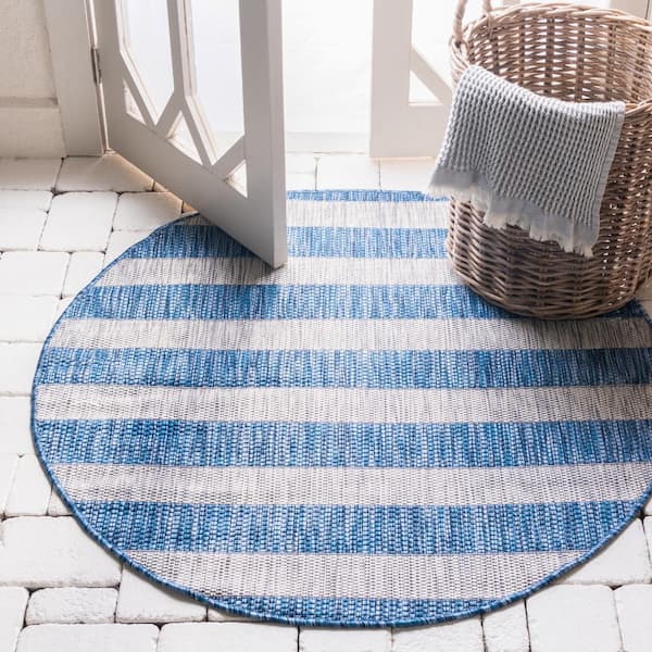Outdoor Distressed Stripe Azure Blue 4 ft. Round Area Rug