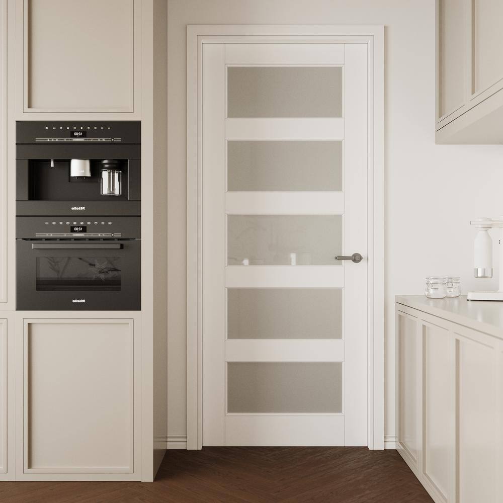 32" x 80" White Primed MDF 5-Lite Frosted Glass Interior Door Slab