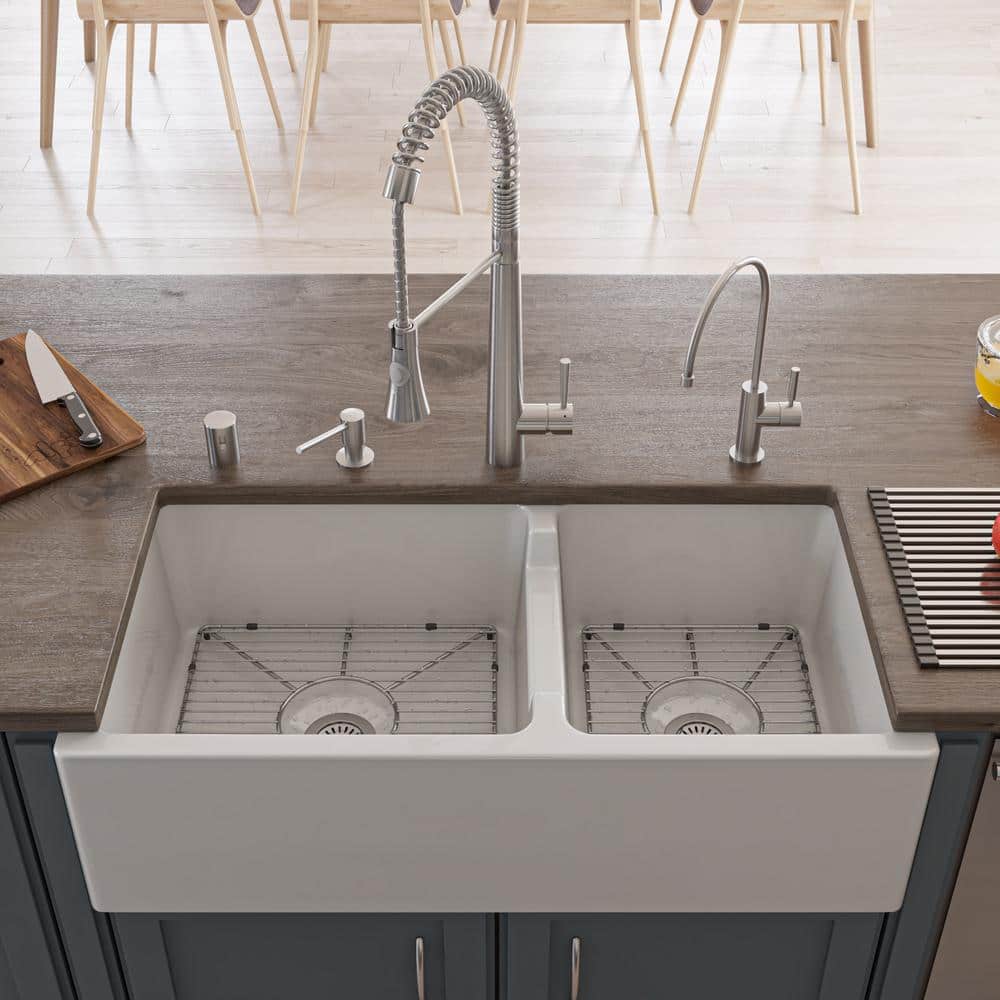 36'' White Fireclay Double Bowl Farmhouse Kitchen Sink