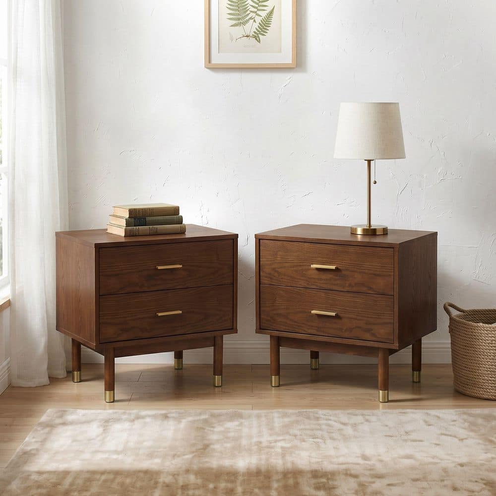 Riversun Mid Century Walnut 2-Drawer 22.8 in. Nightstand (Set of 2) with Gold Capped Legs