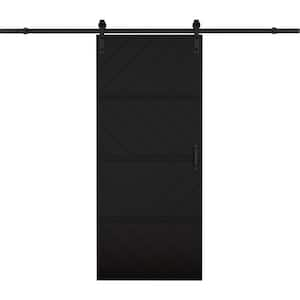 36 in. x 84 in. Paneled 4-Segments Wave Design Black MDF Sliding Barn Door Slab with Installation Hardware Kit