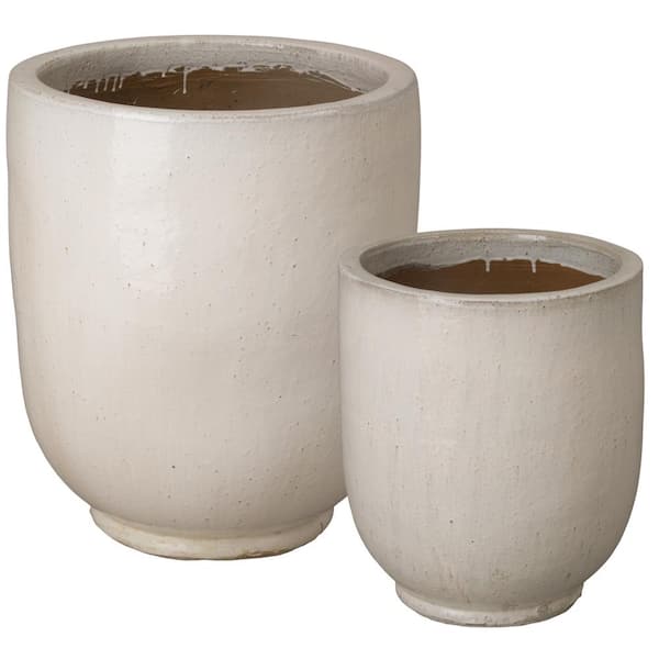 Emissary 21.5in., 29in. H Distressed White Ceramic Round Planters with Drainage holes (Set of 2)