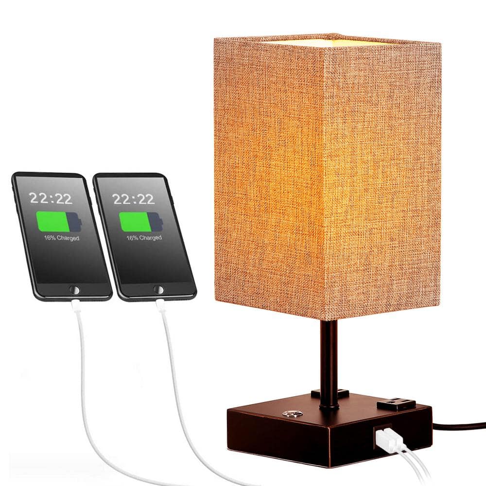 15" Black Touch Control Table Lamp with USB Ports and Fabric Shade