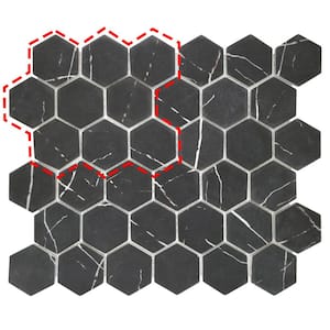Black Marquina hexagon 6x6 in. Mosaic tile. Recycled glass marble looks floor and wall tile