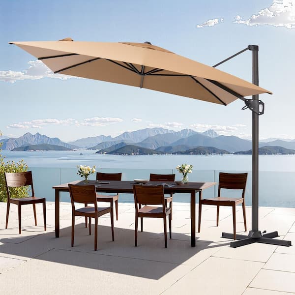 Pellebant 9 ft. x 11 ft. Aluminum Cantilever Offset 360° Swivel Adjustable Canopy Tilt Patio Umbrella in Tan, No Base