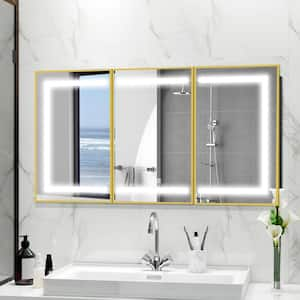 48 in. W x 32 in. H Large Rectangular Gold Wall Mount LED Lighted Medicine Cabinet with Mirror