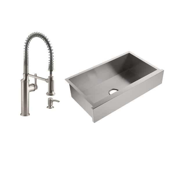 KOHLER Lyric Farmhouse Apron-Front 18ga. Stainless Steel 34 in. Single Bowl Kitchen Sink with Sous Kitchen Faucet
