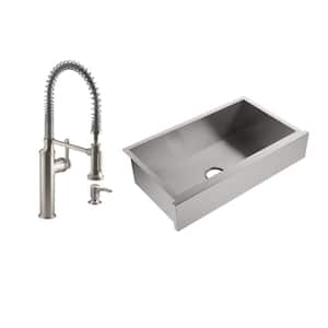 Lyric 34 in. Stainless Steel 16 Gauge Farmhouse Apron Front Undermount Single Bowl Kitchen Sink w/ Sous Semi Pro Faucet