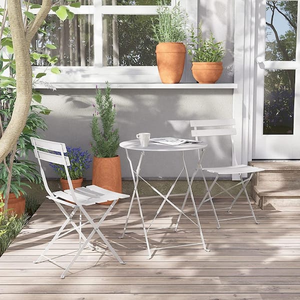 Unbranded 3-Piece Metal Steel Outdoor Patio Bistro Set Folding Patio Furniture Sets in White