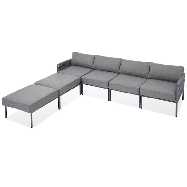 Unbranded 6-Piece Aluminum Outdoor Sectional Set, Conversation Set with Gray Thick 5.9 in. Cushions