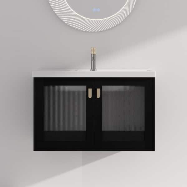 FAMYYT 32 in. W x 18.7 in. D x 20.7 in. H Single Sink Floating Bath Vanity in Black with White Ceramic Top and Gold Handle