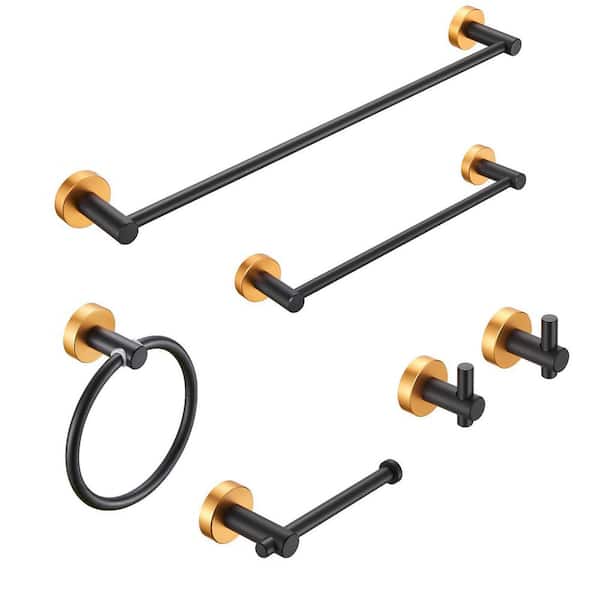 Unbranded 6-Piece Bath Hardware Set with Hand Towel Bar, Hooks, Toilet Paper Holder and Towel Ring in Golden Black