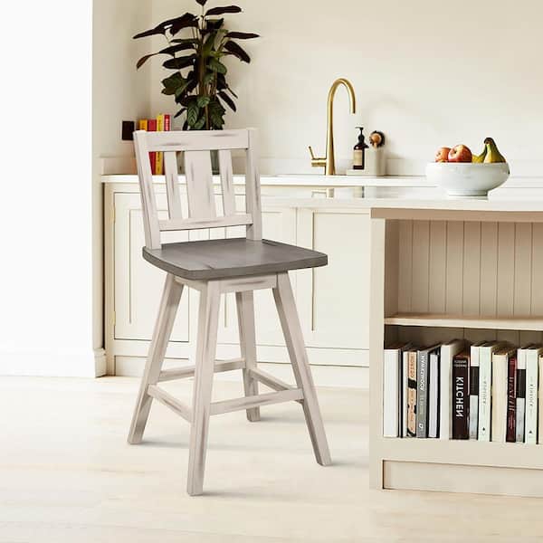 Fenton 23 in. Distressed Gray and White Wood Swivel Counter Height Chair (Slat Back) with Wood Seat (Set of 2)