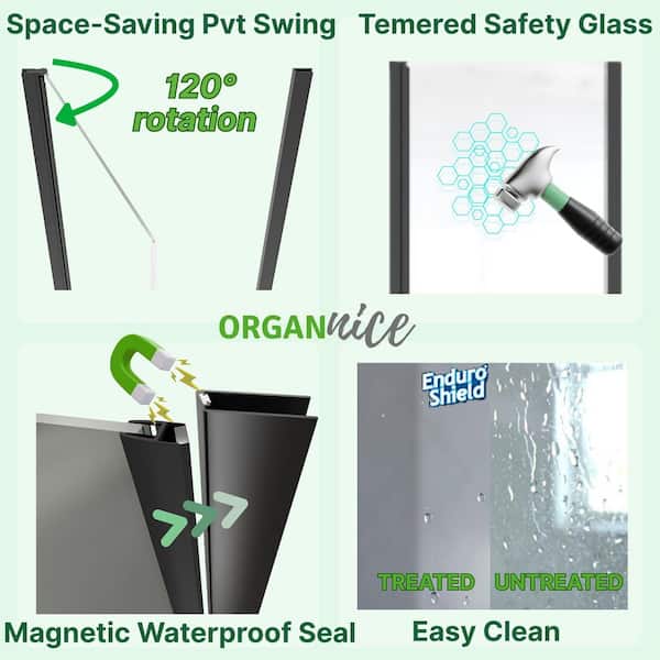 34 to 35-1/2 in. H Pivot Swing Frameless Shower Door in Black with Clear Glass