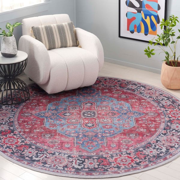 Serapi Blue/Rust 7 ft. x 7 ft. Machine Washable Medallion Floral Round Area Rug
