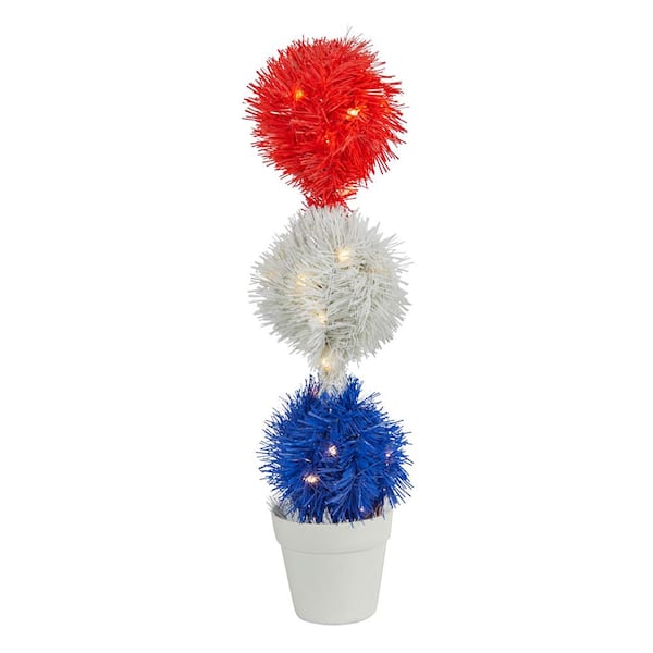 Nearly Natural 18 in. Red White and Blue Americana Artificial Topiary Plant with 35-Warm LED Lights