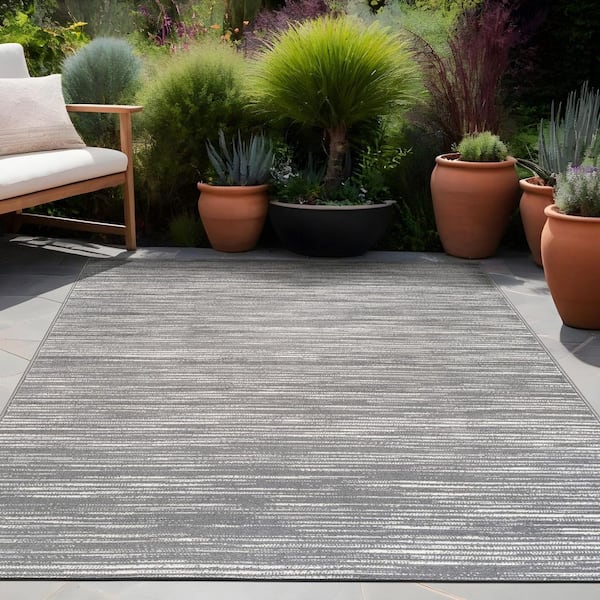 Linea Gray 6 ft. x 9 ft. Rubber Back Washable Modern Striped Indoor Outdoor Patio Area Rug