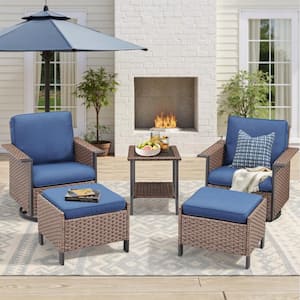 Nyajiah 5-Piece Wicker Patio Conversation Set with Blue Cushions