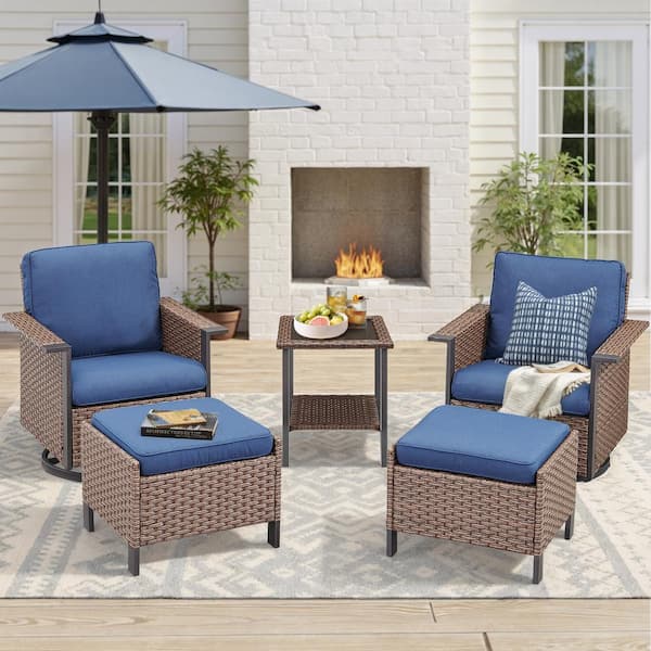 Buenaola Nyajiah 5-Piece Wicker Patio Conversation Set with Blue Cushions