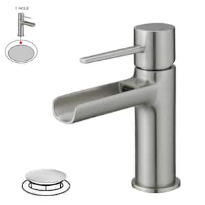 Waterfall Single Handle Single Hole Modern Bathroom Faucet Bathroom Drip-Free Vanity RV Sink Faucet in Brushed Nickel