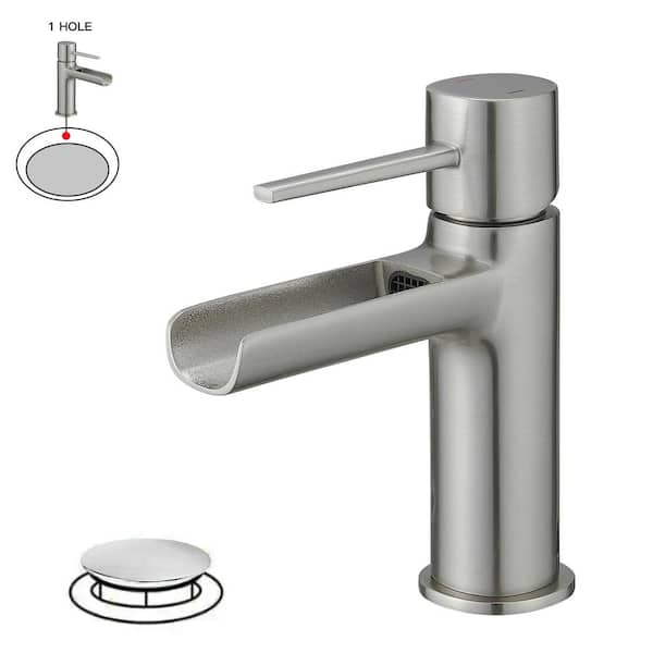 HOMEMYSTIQUE Single Handle Waterfall Single Hole Bathroom Faucet in Brushed Nickel with Pop-Up Drain