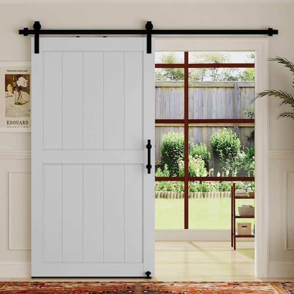 36 in. x 84 in. White H Style MDF Sliding Barn Door Slab with Hardware Kit (with Round Tube Handrail and Sway Stop)