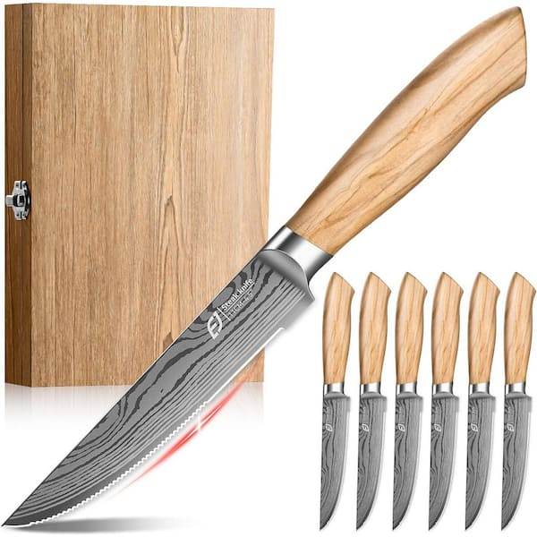 4.5 in. German Stainless Steel Partial Tang Serrated Edge Steak Knife with Olive Wood Handle (Set of 6)