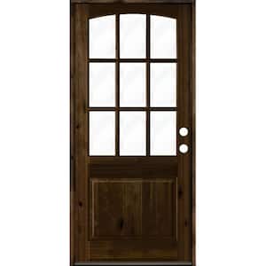 32 in. x 96 in. Knotty Alder Left-Hand/Inswing 9-Lite Arch Top Clear Glass Black Stain Wood Prehung Front Door
