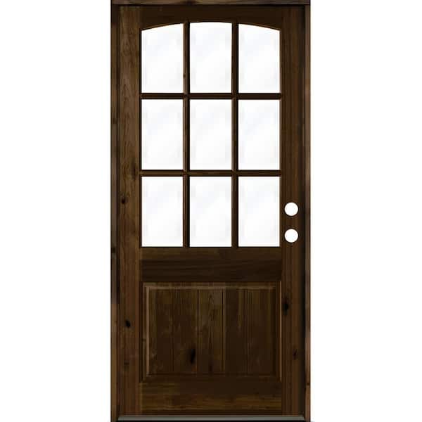 Krosswood Doors 32 in. x 96 in. Knotty Alder Left-Hand/Inswing 9-Lite Arch Top Clear Glass Black Stain Wood Prehung Front Door