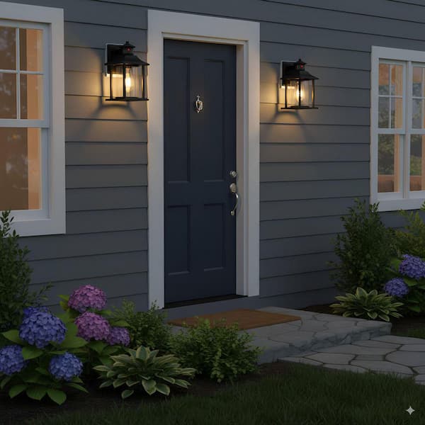 1-Light Matte Black Motion Sensing Dusk to Dawn Non-Solar Outdoor Wall Lantern Sconce with Clear Striped Glass (2-Pack)