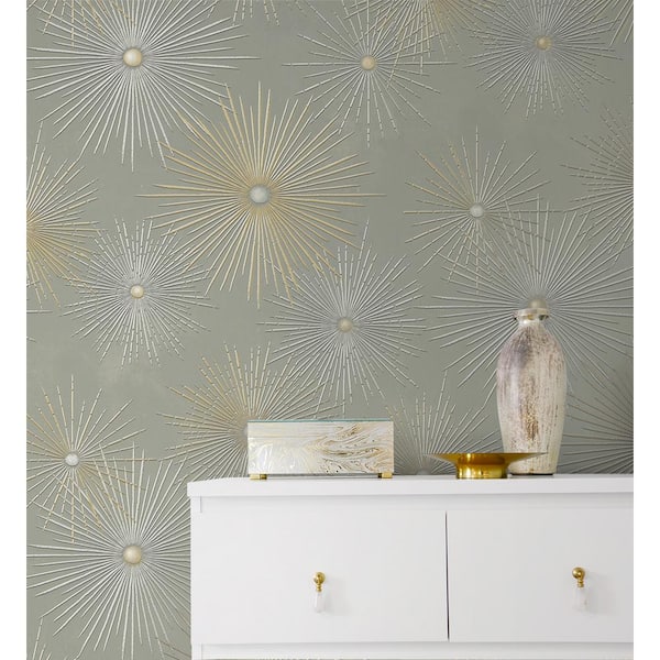 Silversmoke and Metallic Gold Starburst Geo Vinyl Peel and Stick Wallpaper Roll (Covers 30.75 sq. ft.)