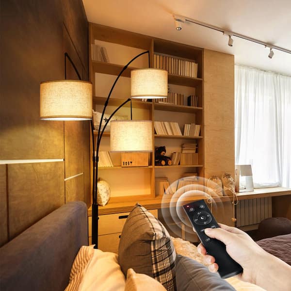 79 in. Mid-Century Modern 3-Light Adjustable LED Buckwheat Arc Floor Lamp with 3 Beige LinenDrum Shades